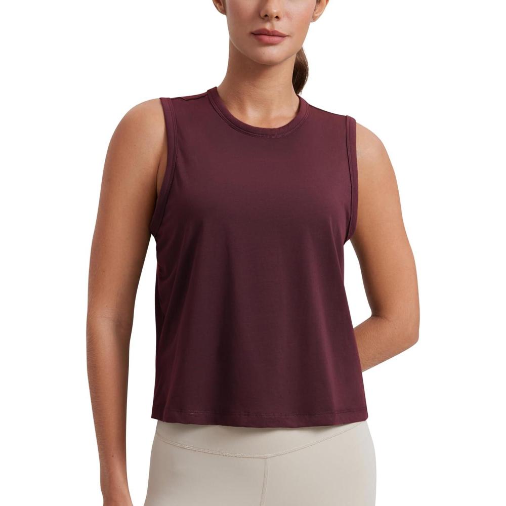 imageCRZ YOGA Pima Cotton High Neck Cropped Tank Tops for Women Soft Crop Workout Athletic Yoga Basic Sleeveless ShirtsDark Red