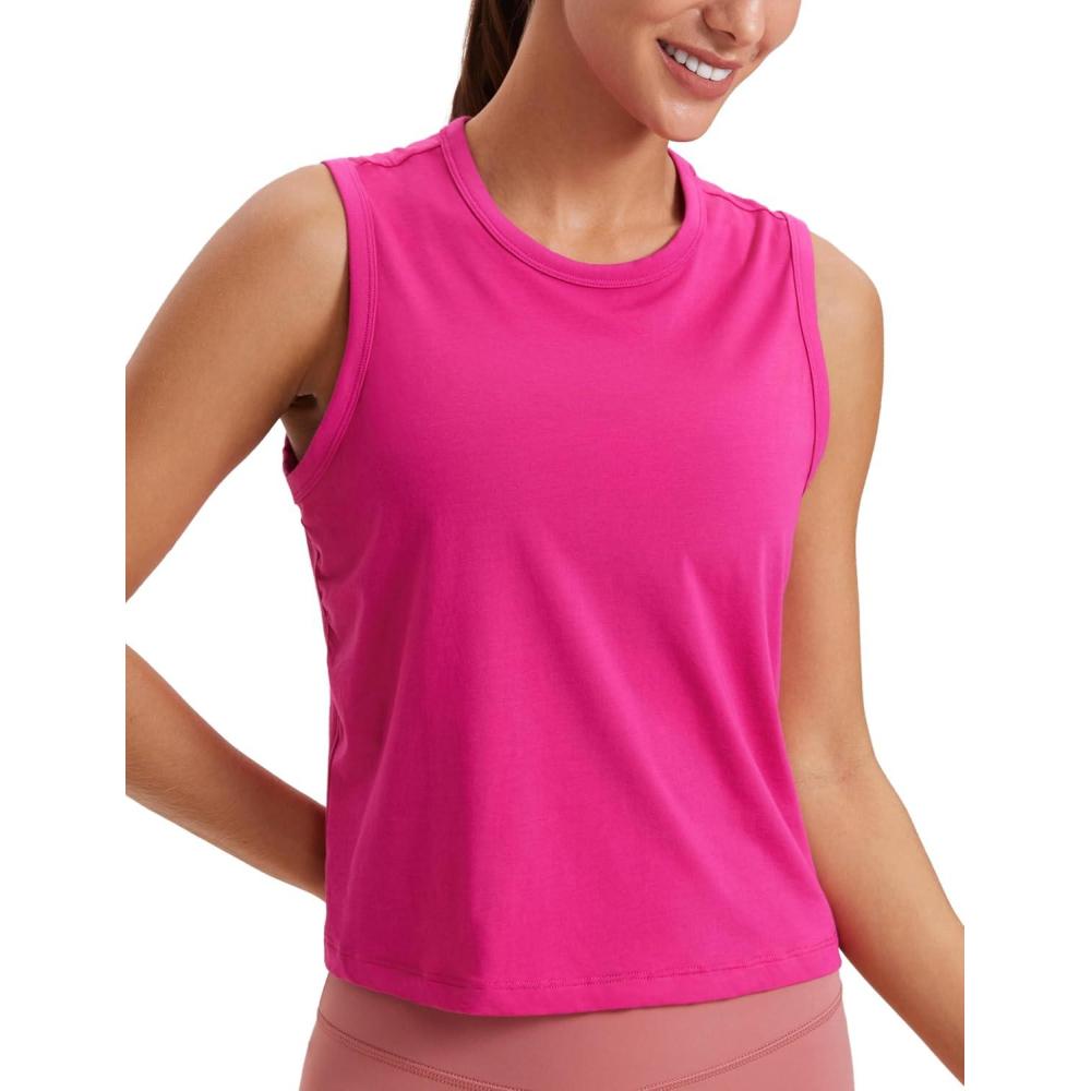 imageCRZ YOGA Pima Cotton High Neck Cropped Tank Tops for Women Soft Crop Workout Athletic Yoga Basic Sleeveless ShirtsGranita Pink
