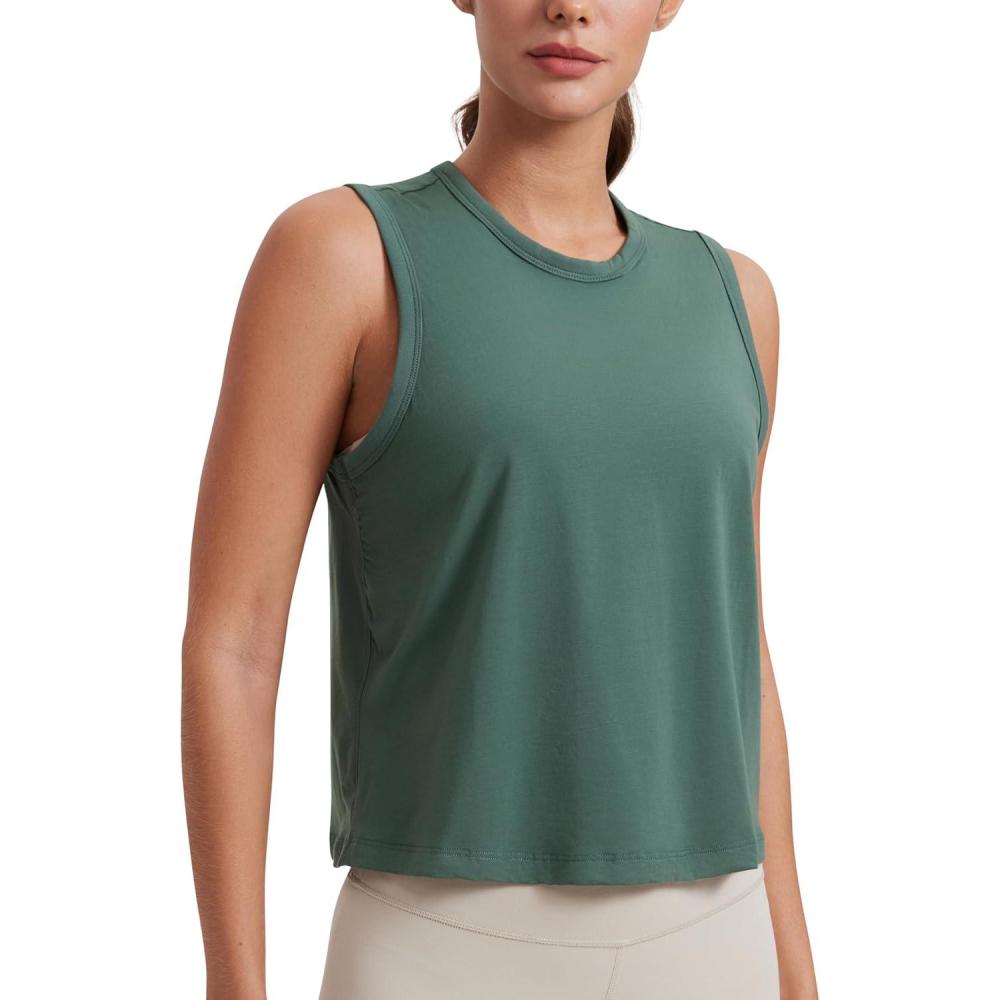 imageCRZ YOGA Pima Cotton High Neck Cropped Tank Tops for Women Soft Crop Workout Athletic Yoga Basic Sleeveless ShirtsGraphite Green