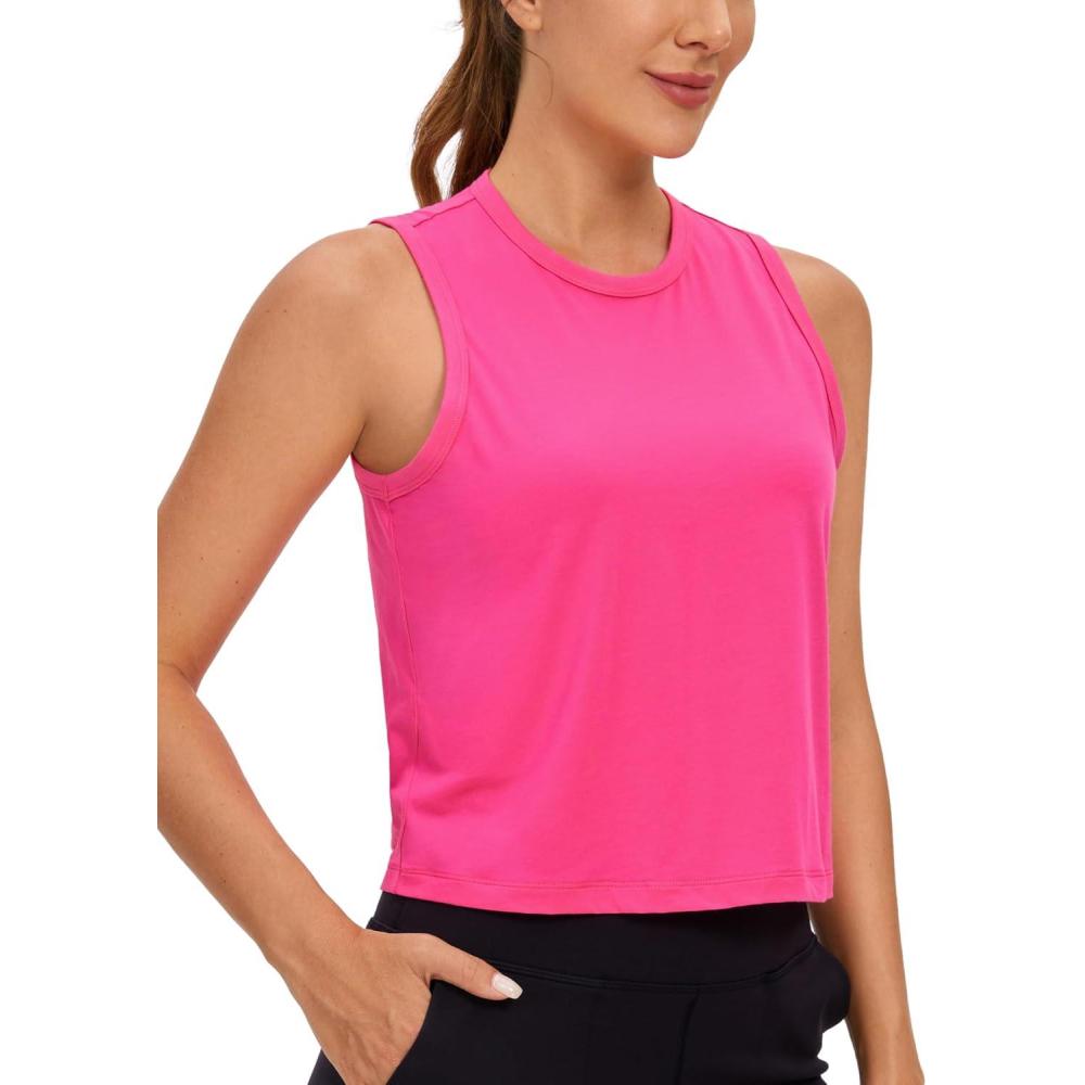 imageCRZ YOGA Pima Cotton High Neck Cropped Tank Tops for Women Soft Crop Workout Athletic Yoga Basic Sleeveless ShirtsSonic Pink