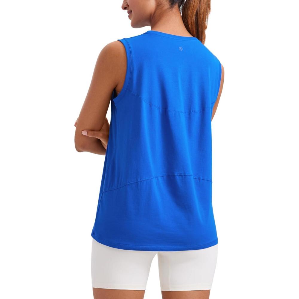 imageCRZ YOGA Pima Cotton High Neck Tank Basic Workout Sleeveless Tops for Women Soft Casual Athletic Yoga ShirtsStrong Blue