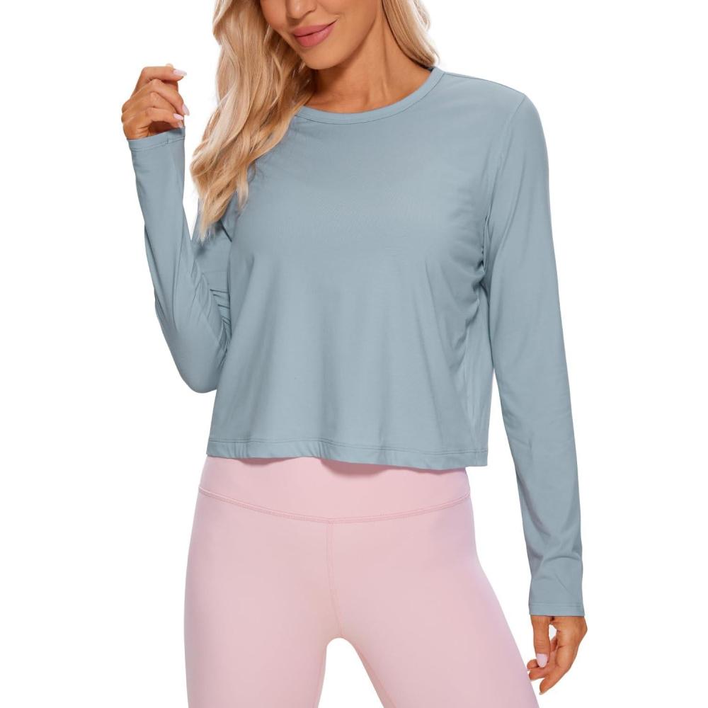 imageCRZ YOGA Pima Cotton Long Sleeve Workout Shirts for Women Loose Cropped Tops Athletic Sports TShirtCambric Blue
