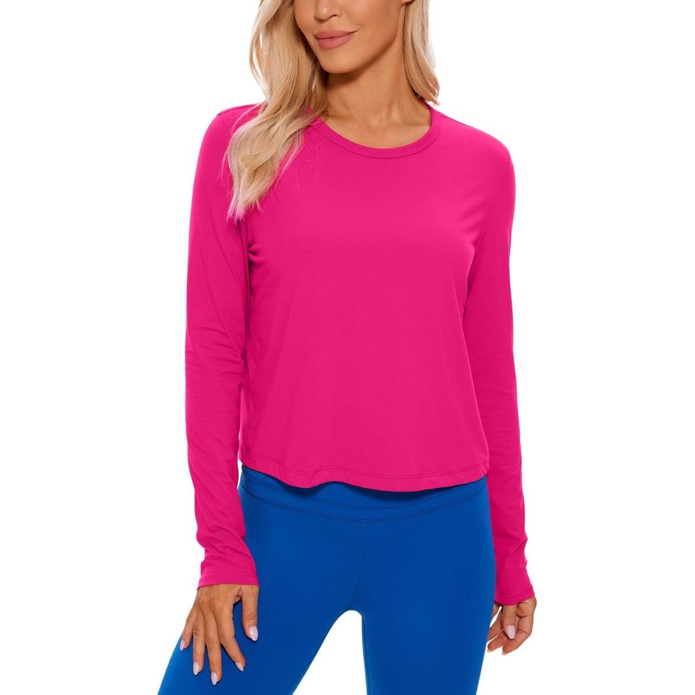 imageCRZ YOGA Pima Cotton Long Sleeve Workout Shirts for Women Loose Cropped Tops Athletic Sports TShirtGranita Pink