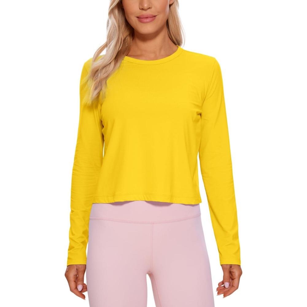 imageCRZ YOGA Pima Cotton Long Sleeve Workout Shirts for Women Loose Cropped Tops Athletic Sports TShirtHigh Visibility Yellow