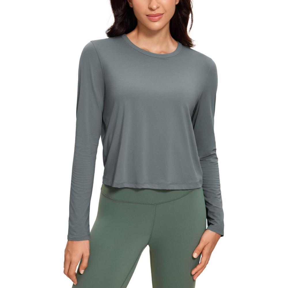 imageCRZ YOGA Pima Cotton Long Sleeve Workout Shirts for Women Loose Cropped Tops Athletic Sports TShirtLava Smoke Grey