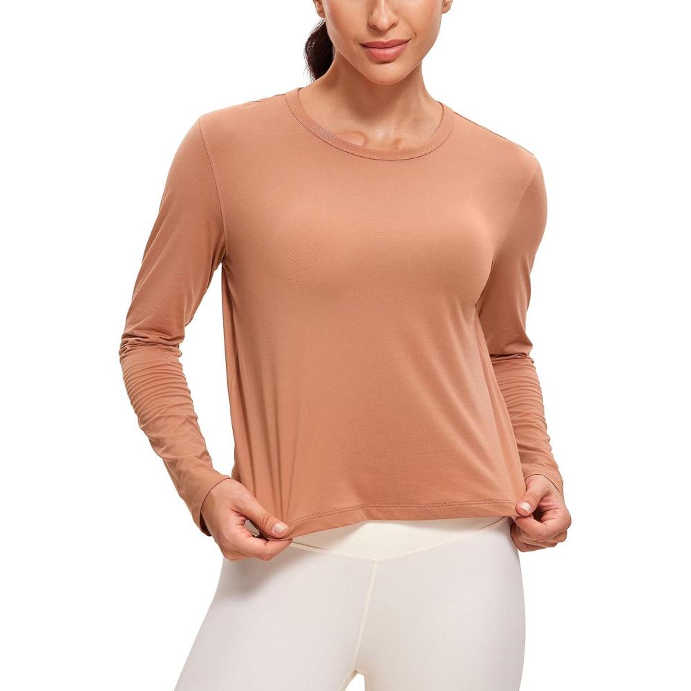 imageCRZ YOGA Pima Cotton Long Sleeve Workout Shirts for Women Loose Cropped Tops Athletic Sports TShirtMocha Mousse