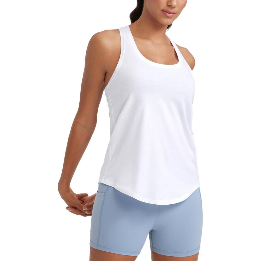 imageCRZ YOGA Pima Cotton Racerback Tank Tops for Women Workout Athletic Casual Soft Scoop Neck Sleeveless ShirtsWhite