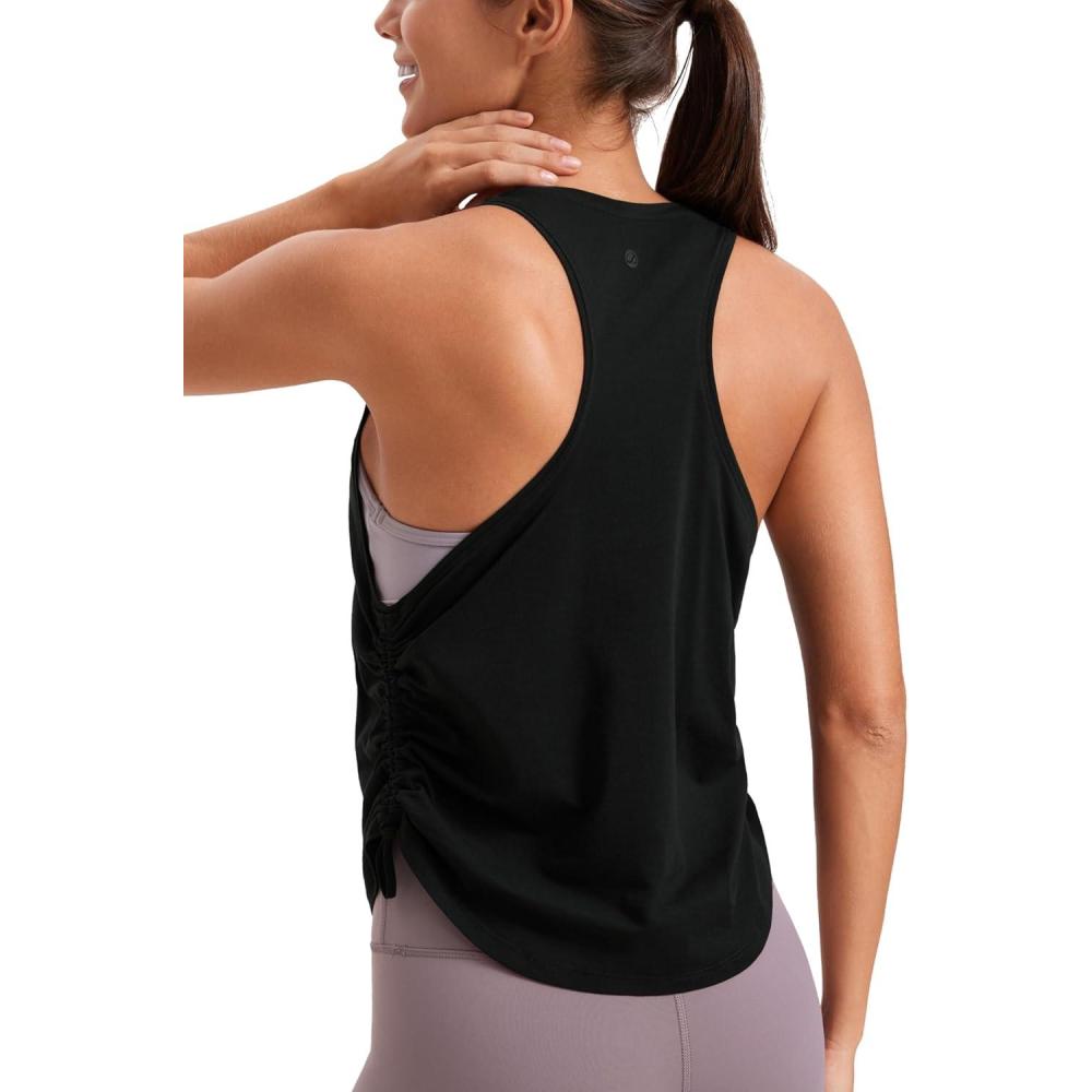 imageCRZ YOGA Pima Cotton Ruched Side Tank Tops for Women Workout Athletic Casual Racerback Crewneck Loose Sleeveless ShirtsBlack