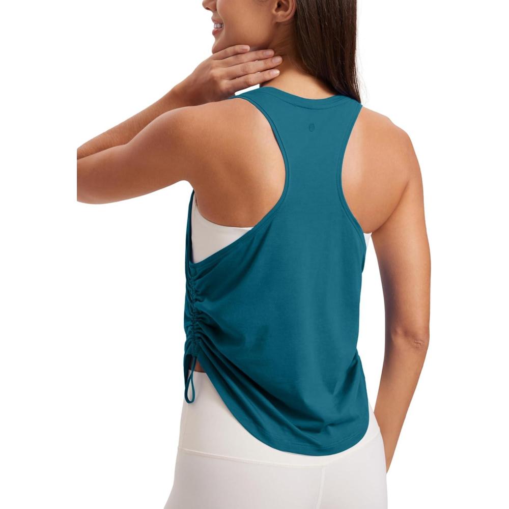 imageCRZ YOGA Pima Cotton Ruched Side Tank Tops for Women Workout Athletic Casual Racerback Crewneck Loose Sleeveless ShirtsGreen Jade