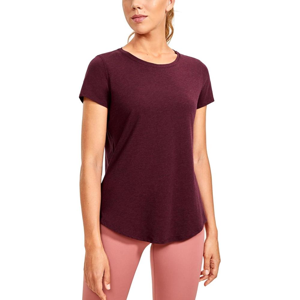 imageCRZ YOGA Pima Cotton Womens Short Sleeve Shirt Loose Casual Yoga TShirt Athletic Workout TopsBerry Heather