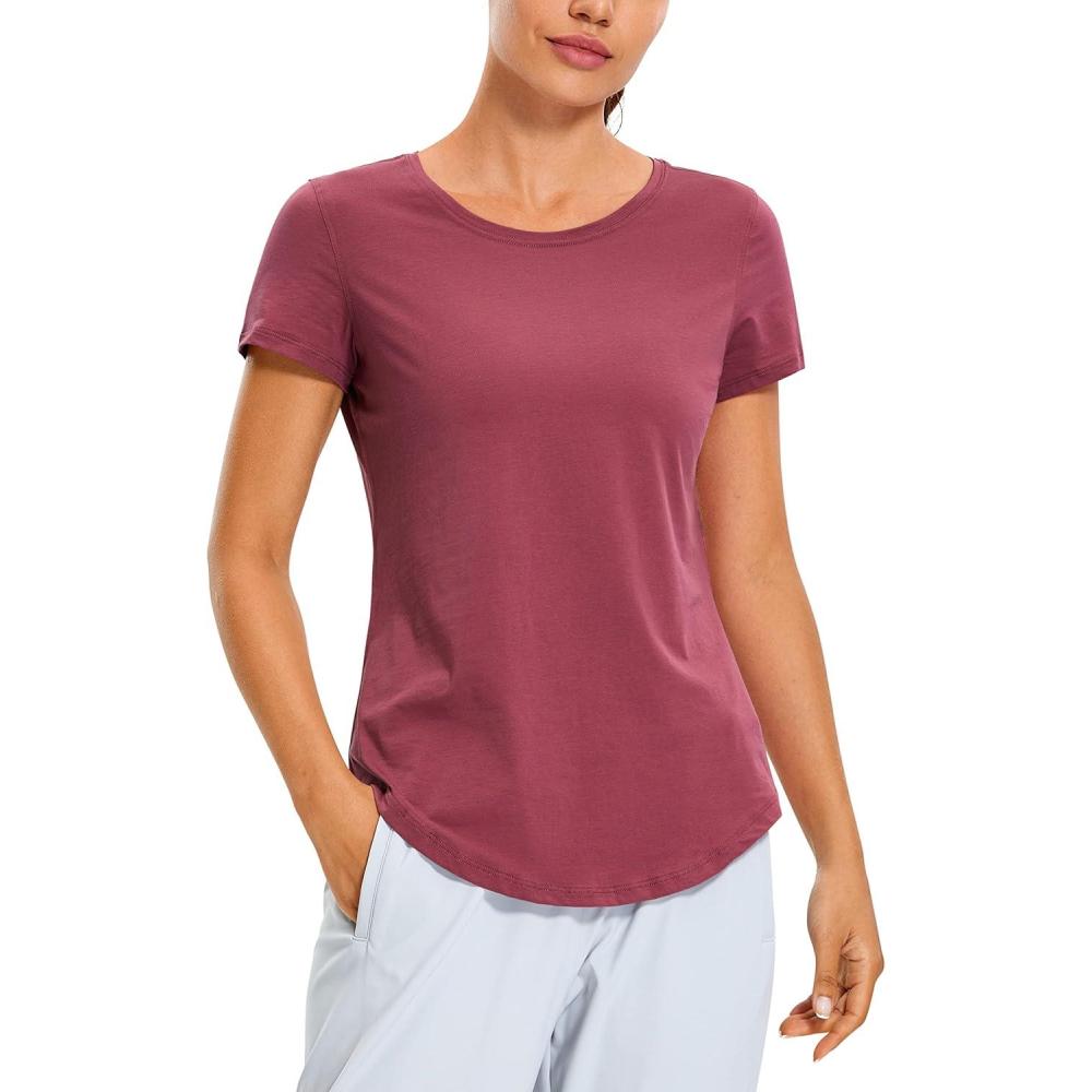 imageCRZ YOGA Pima Cotton Womens Short Sleeve Shirt Loose Casual Yoga TShirt Athletic Workout TopsMisty Merlot