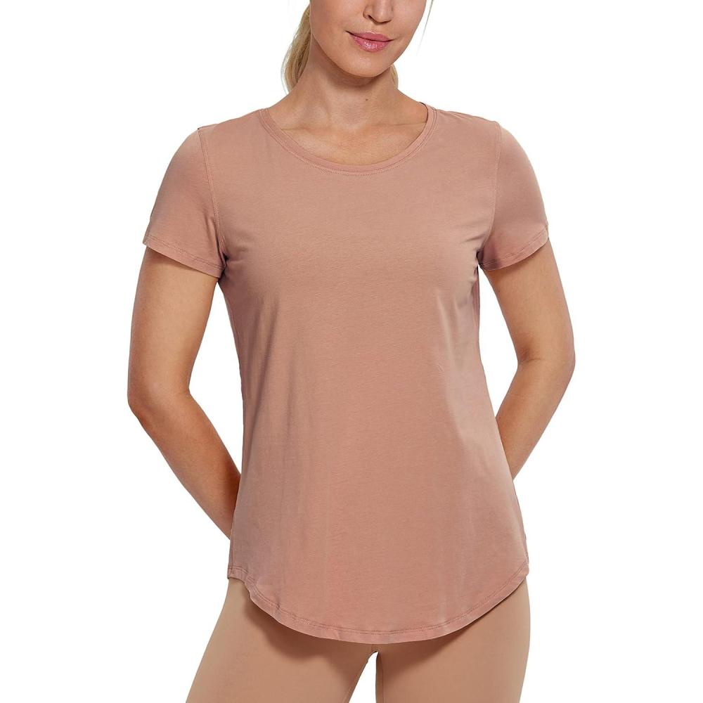 imageCRZ YOGA Pima Cotton Womens Short Sleeve Shirt Loose Casual Yoga TShirt Athletic Workout TopsMocha Mousse