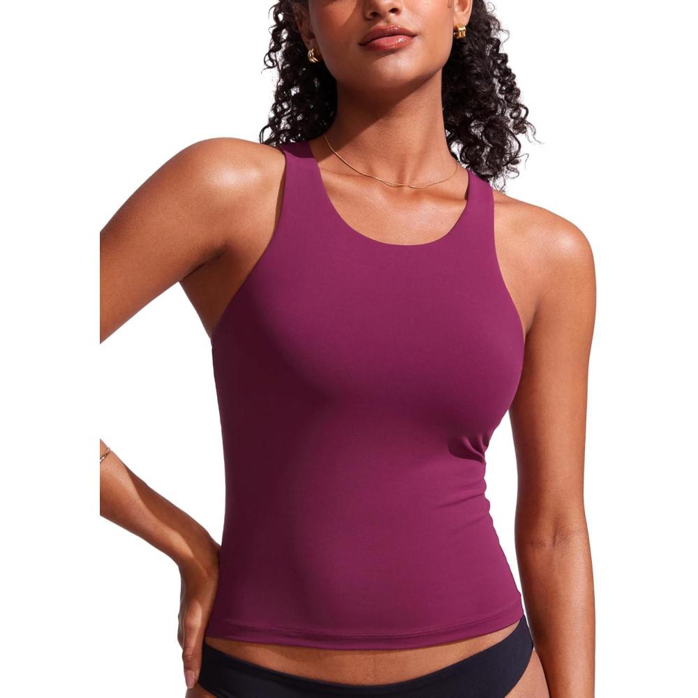 imageCRZ YOGA Racerback Tankini Tops for Women Padded High Neck Modest Swim Sports Bathing Tank OnlyFuchsia