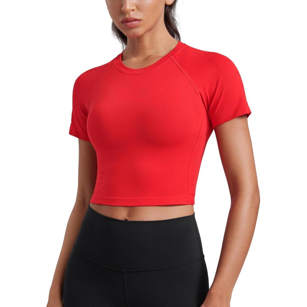 imageCRZ YOGA Seamless Crop Workout Tops for Women Athletic Running Gym Yoga Short Sleeve Shirts BasicDeep Red