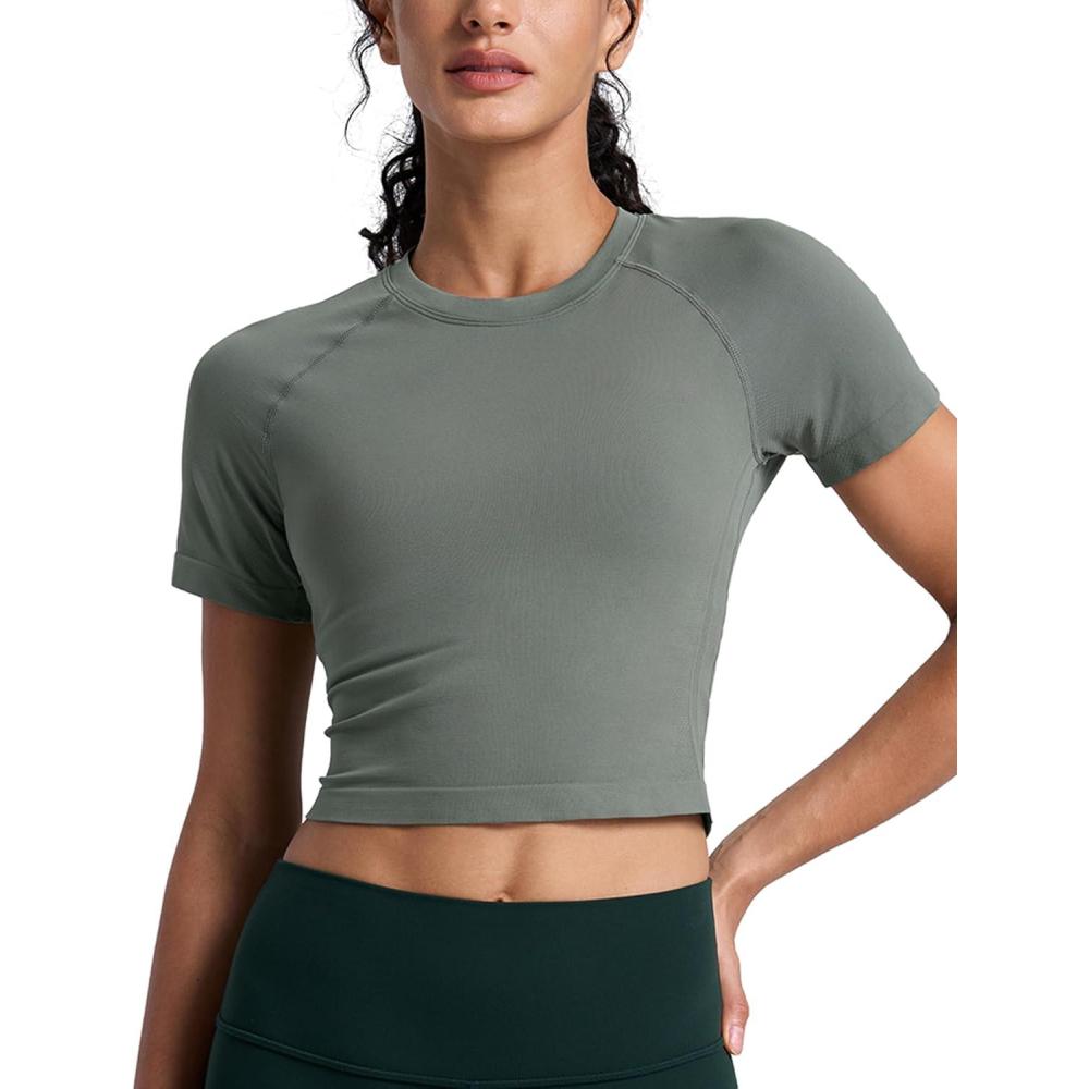 imageCRZ YOGA Seamless Crop Workout Tops for Women  Athletic Running Gym Yoga Short Sleeve Shirts BasicGrey Sage