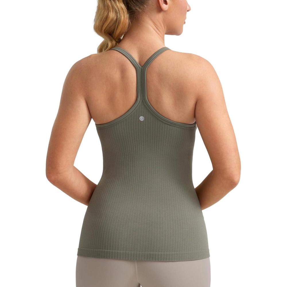imageCRZ YOGA Seamless Workout Tank Tops for Women Racerback Athletic Camisole Sports Shirts with Built in BraDark Green