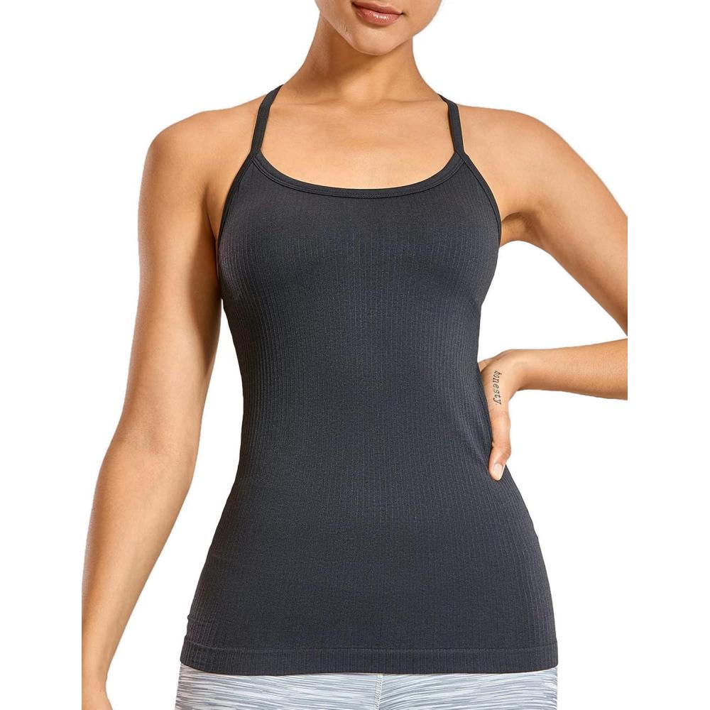 imageCRZ YOGA Seamless Workout Tank Tops for Women Racerback Athletic Camisole Sports Shirts with Built in BraDark Grey