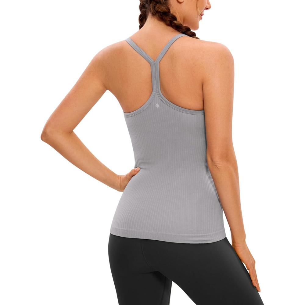 imageCRZ YOGA Seamless Workout Tank Tops for Women Racerback Athletic Camisole Sports Shirts with Built in BraGull Gray