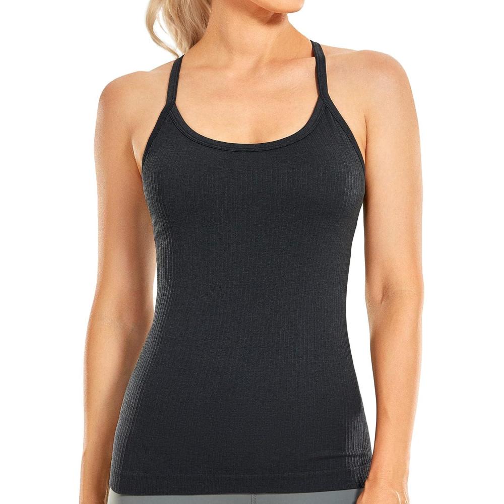 imageCRZ YOGA Seamless Workout Tank Tops for Women Racerback Athletic Camisole Sports Shirts with Built in BraMelanite