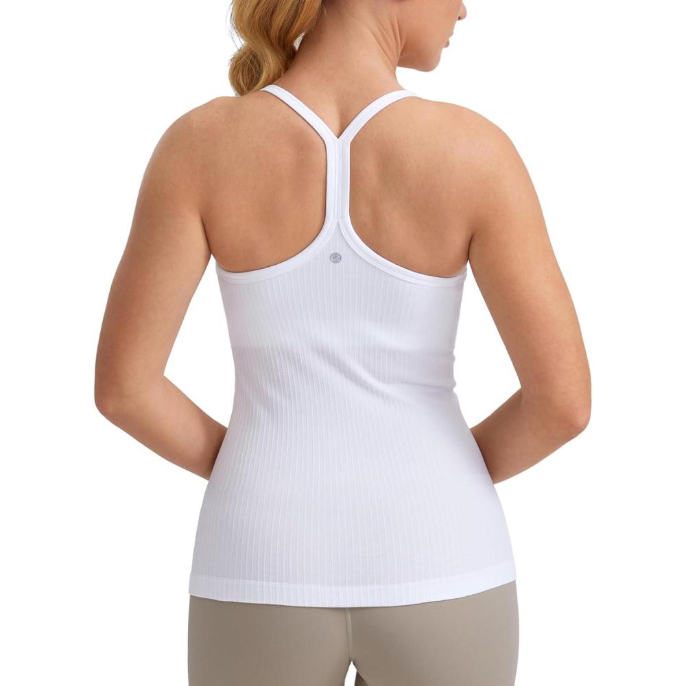 imageCRZ YOGA Seamless Workout Tank Tops for Women Racerback Athletic Camisole Sports Shirts with Built in BraWhite