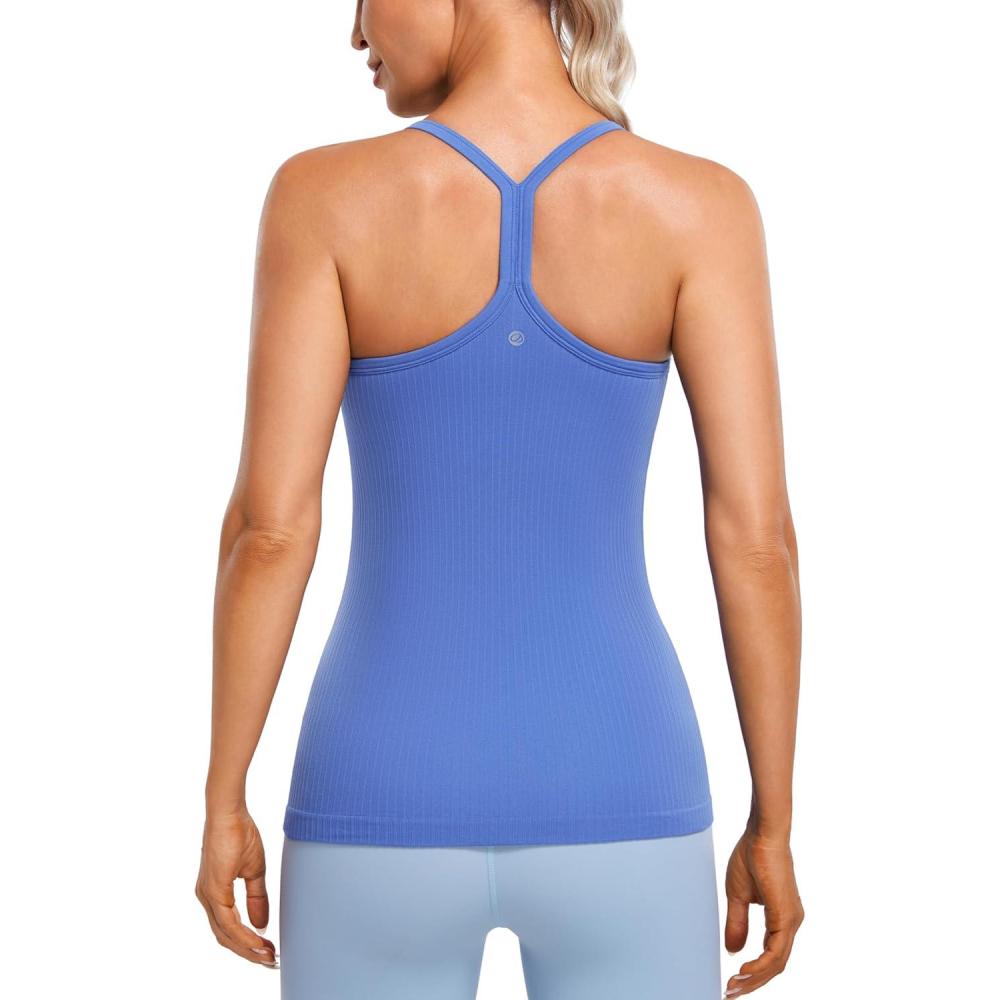 imageCRZ YOGA Seamless Workout Tank Tops for Women Racerback Athletic Camisole Sports Shirts with Built in BraWild Indigo