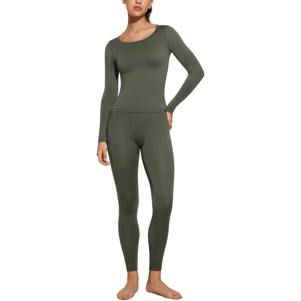 imageCRZ YOGA Soft Thermal Underwear Sets for Women Lightweight Long Johns Base Layer Pajamas Warm Top BottomLight Army Green