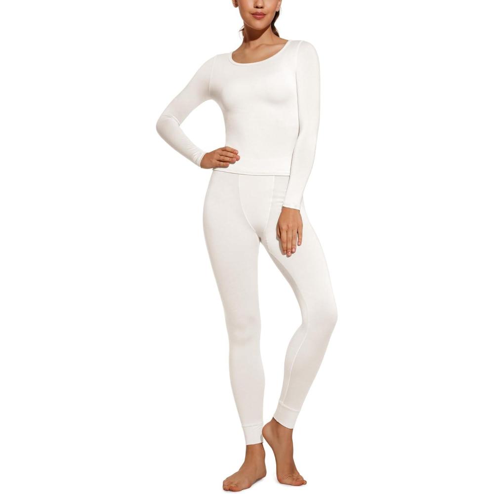 imageCRZ YOGA Soft Thermal Underwear Sets for Women Lightweight Long Johns Base Layer Pajamas Warm Top BottomMilky White