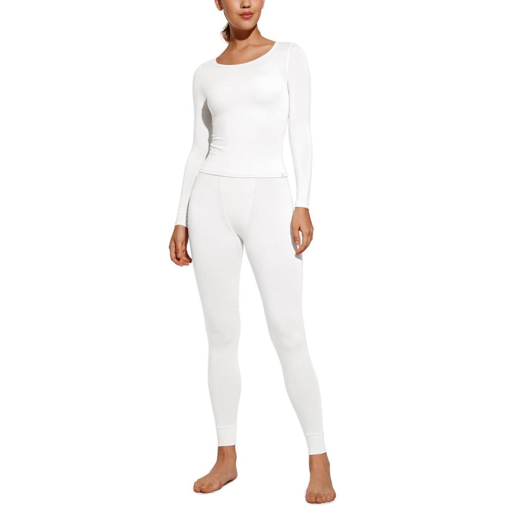 imageCRZ YOGA Soft Thermal Underwear Sets for Women Lightweight Long Johns Base Layer Pajamas Warm Top BottomWhite 4