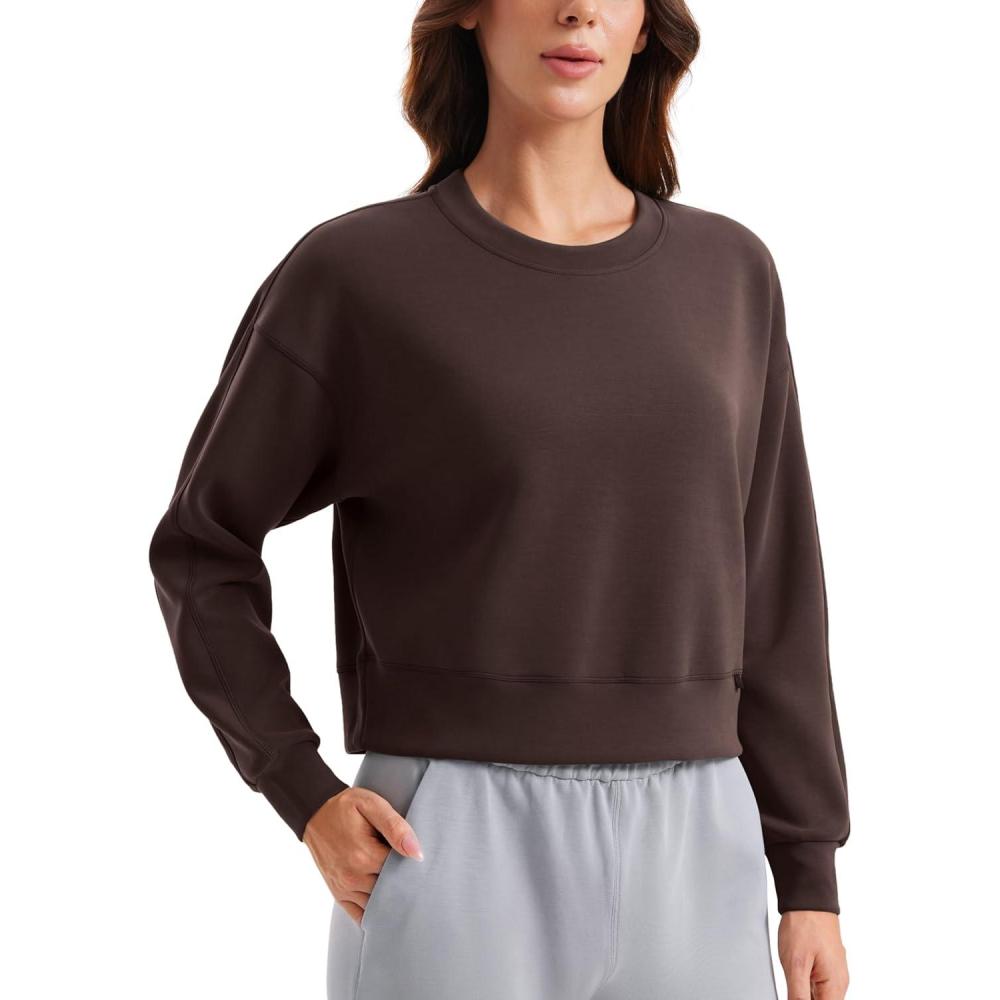 imageCRZ YOGA SoftAura Pullover Sweatshirt for Women Crewneck Workout Casual Basic Fall Sweat ShirtsHot Fudge Brown