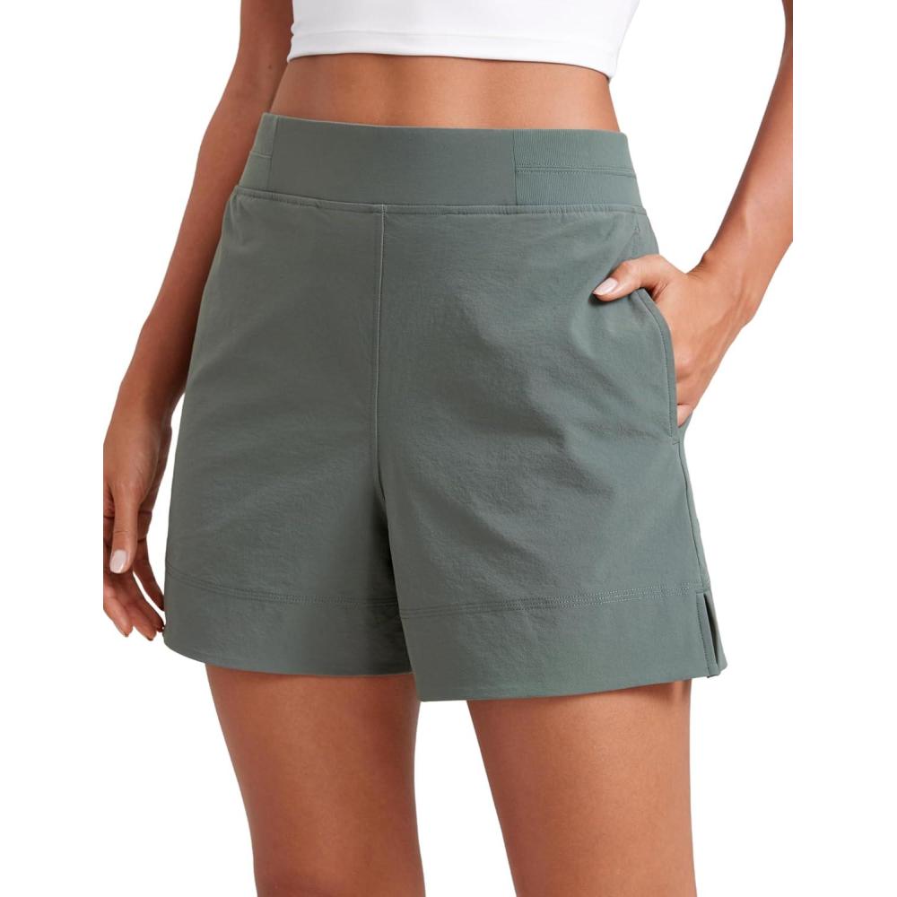 imageCRZ YOGA Stretch Womens Shorts Casual 4quot Linerless High Waisted V Slit for Athletic Hiking Dress Golf with PocketsGrey Sage