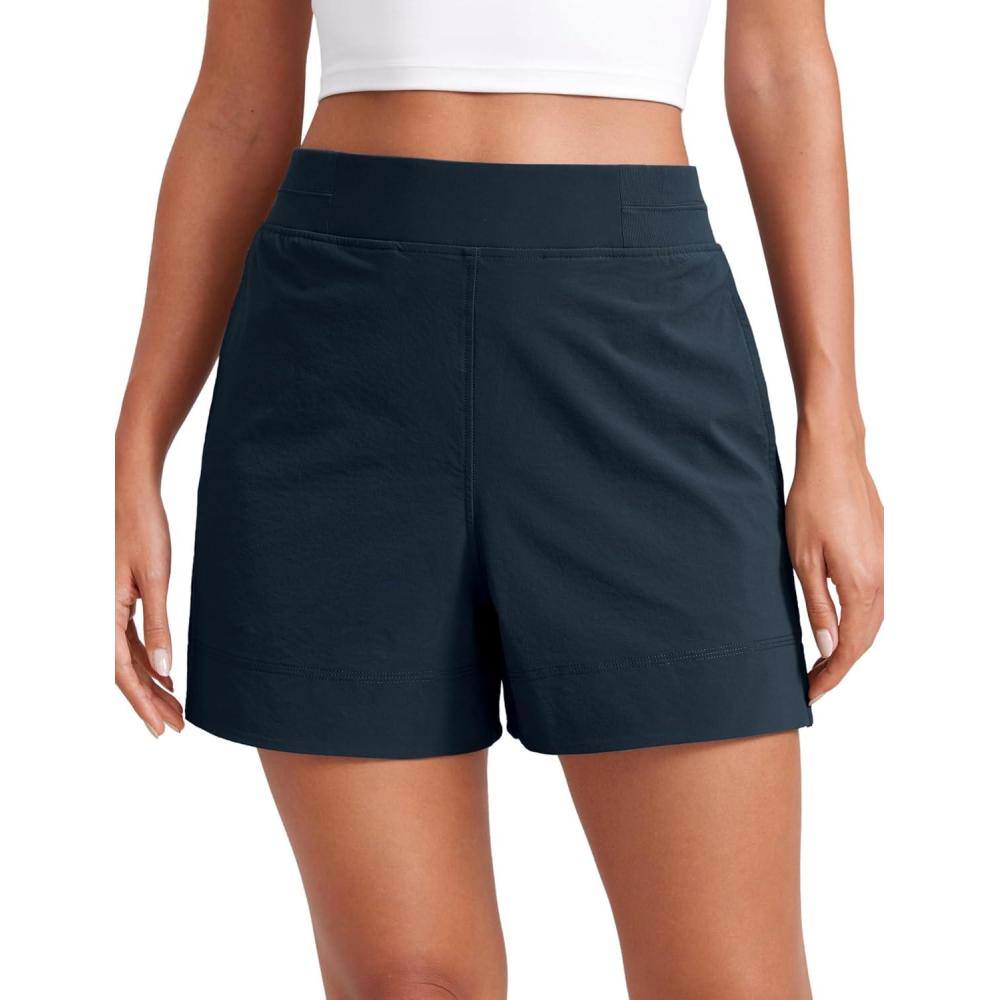 imageCRZ YOGA Stretch Womens Shorts Casual 4quot Linerless High Waisted V Slit for Athletic Hiking Dress Golf with PocketsTrue Navy