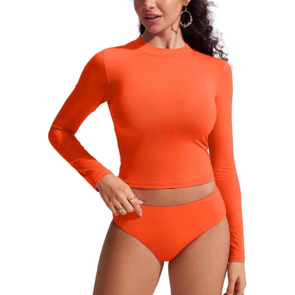 imageCRZ YOGA UPF 50 Cropped Rash Guard Shirts for Women  Long Sleeve UV Sun Protection Swim Rashguard TopsHoney Orange