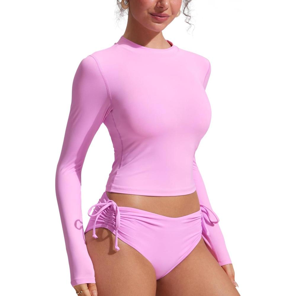 imageCRZ YOGA UPF 50 Cropped Rash Guard Shirts for Women  Long Sleeve UV Sun Protection Swim Rashguard TopsVita Pink