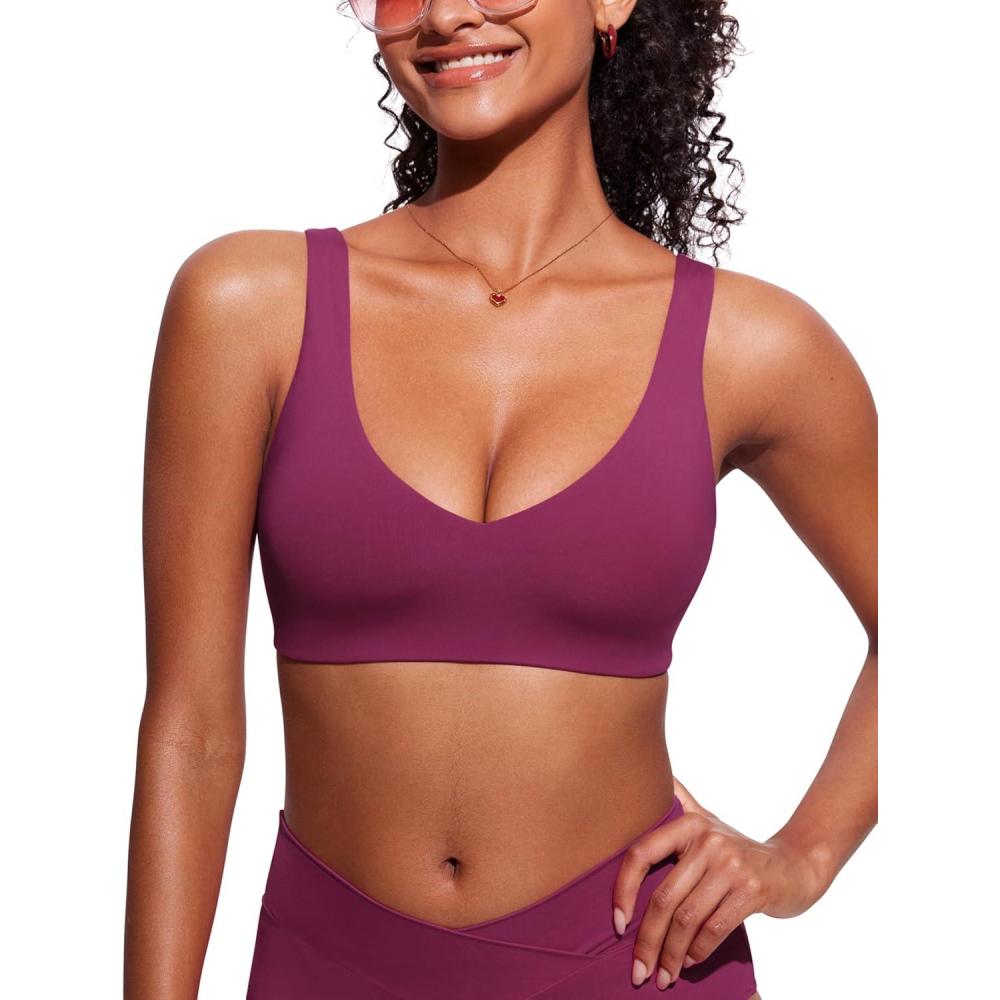 imageCRZ YOGA V Shaped Bikini Tops for Women Padded Bathing Suit V Back Wide Straps Swim Bra SwimsuitFuchsia