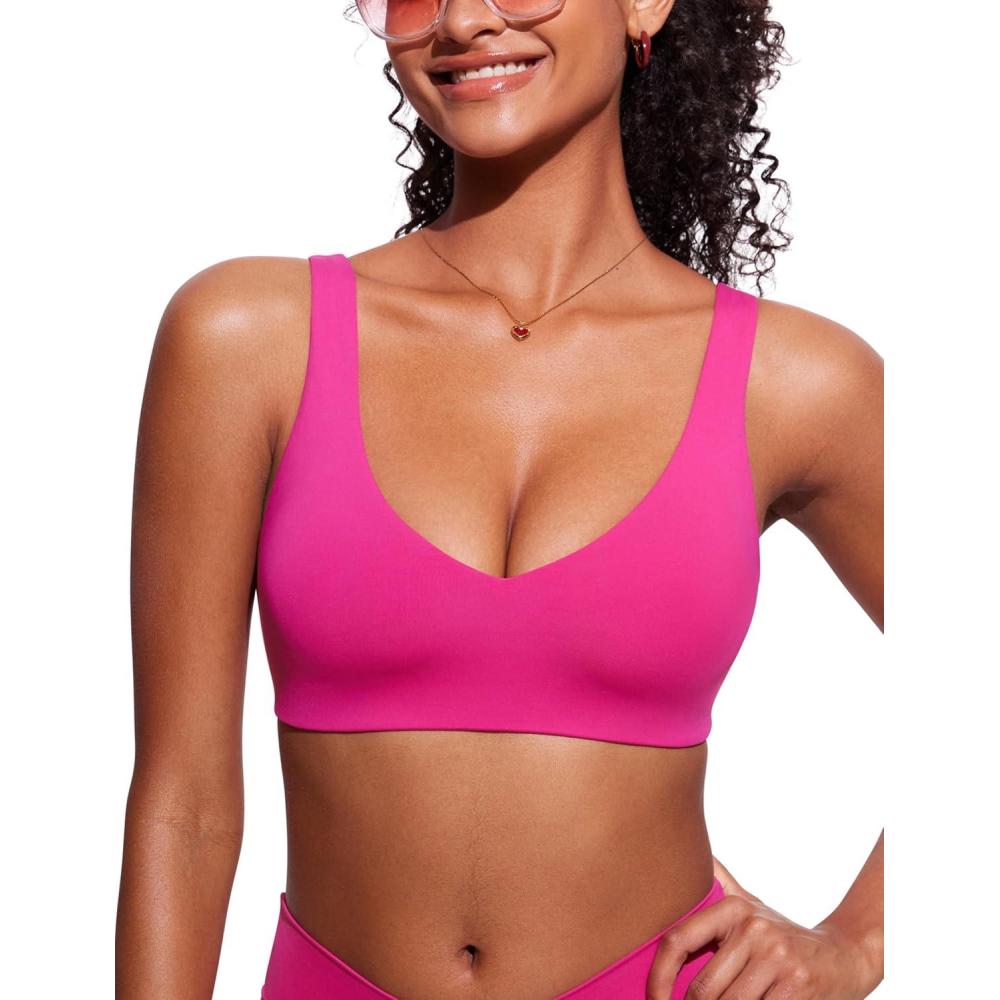 imageCRZ YOGA V Shaped Bikini Tops for Women  Padded Bathing Suit V Back Wide Straps Swim Bra SwimsuitGranita Pink