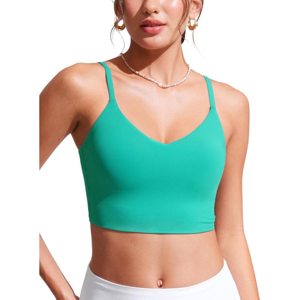 imageCRZ YOGA V Shaped Longline Bikini Tops for Women Padded Cropped Adjustable Spaghetti Straps Swimsuit Athletic Bathing SuitBlarney Green