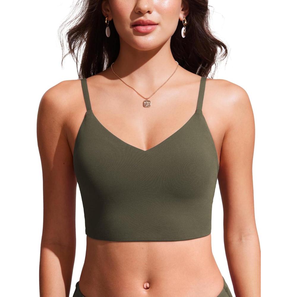 imageCRZ YOGA V Shaped Longline Bikini Tops for Women Padded Cropped Adjustable Spaghetti Straps Swimsuit Athletic Bathing SuitDark Olive