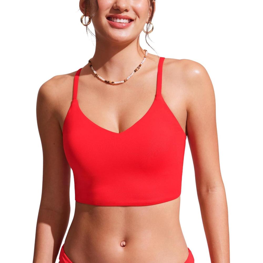 imageCRZ YOGA V Shaped Longline Bikini Tops for Women Padded Cropped Adjustable Spaghetti Straps Swimsuit Athletic Bathing SuitDeep Red