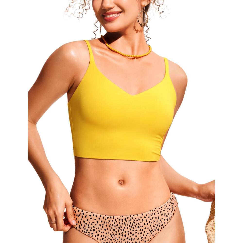 imageCRZ YOGA V Shaped Longline Bikini Tops for Women Padded Cropped Adjustable Spaghetti Straps Swimsuit Athletic Bathing SuitHigh Visibility Yellow