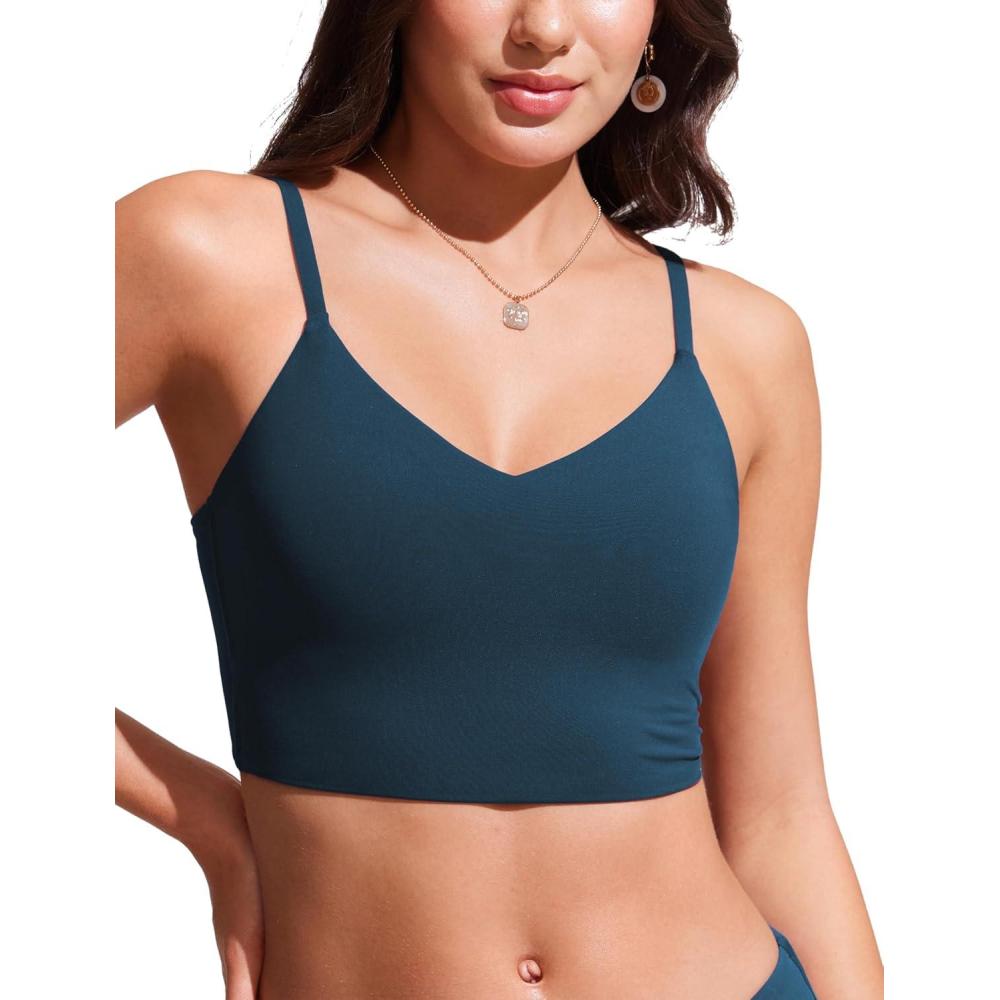 imageCRZ YOGA V Shaped Longline Bikini Tops for Women Padded Cropped Adjustable Spaghetti Straps Swimsuit Athletic Bathing SuitInsignia Blue