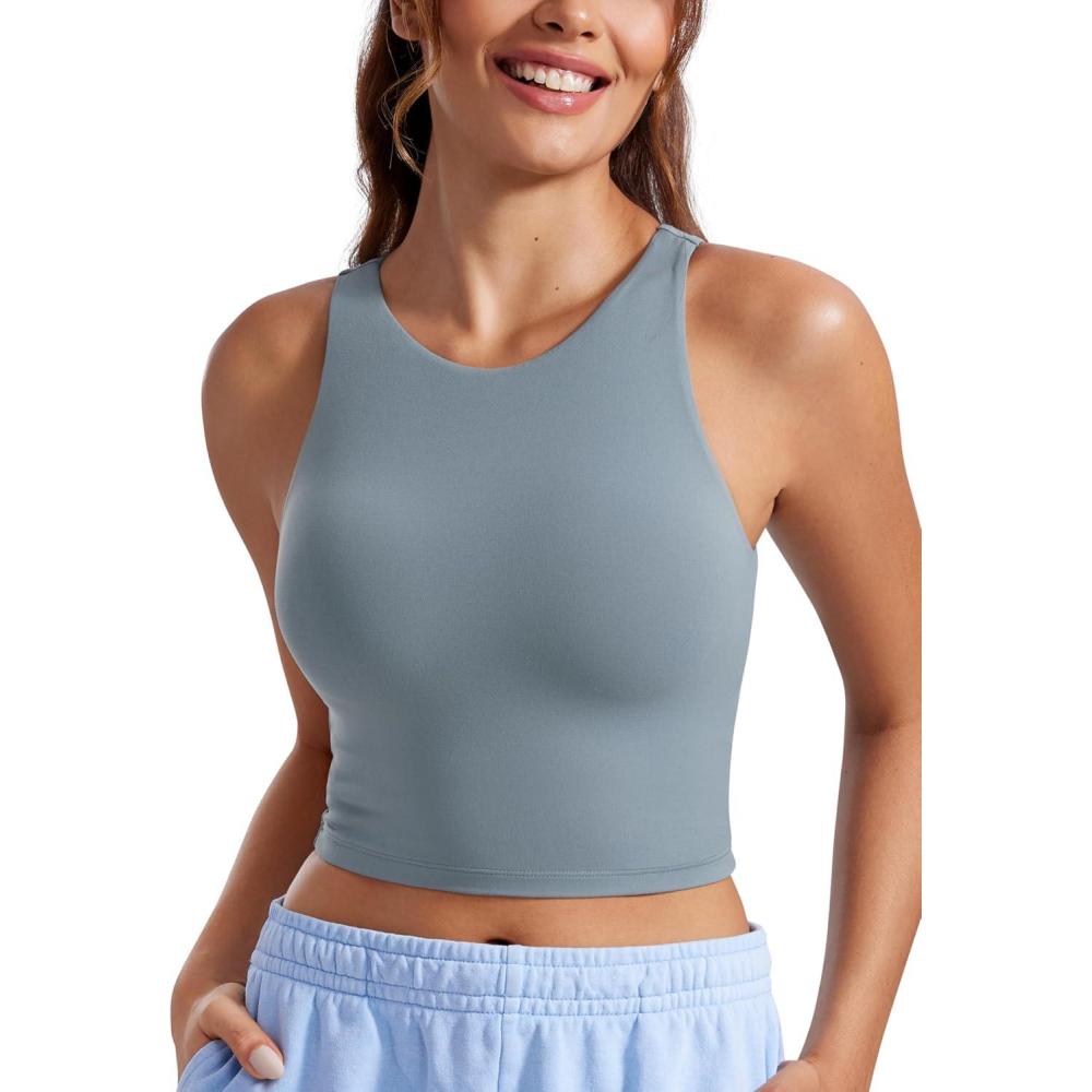 imageCRZ YOGA Womens Butterluxe Double Lined Cropped Tops High Neck Racerback Tanks Sleeveless Casual Workout Crop ShirtsBelgian Blue