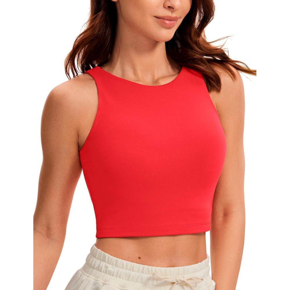 imageCRZ YOGA Womens Butterluxe Double Lined Cropped Tops High Neck Racerback Tanks Sleeveless Casual Workout Crop ShirtsDeep Red