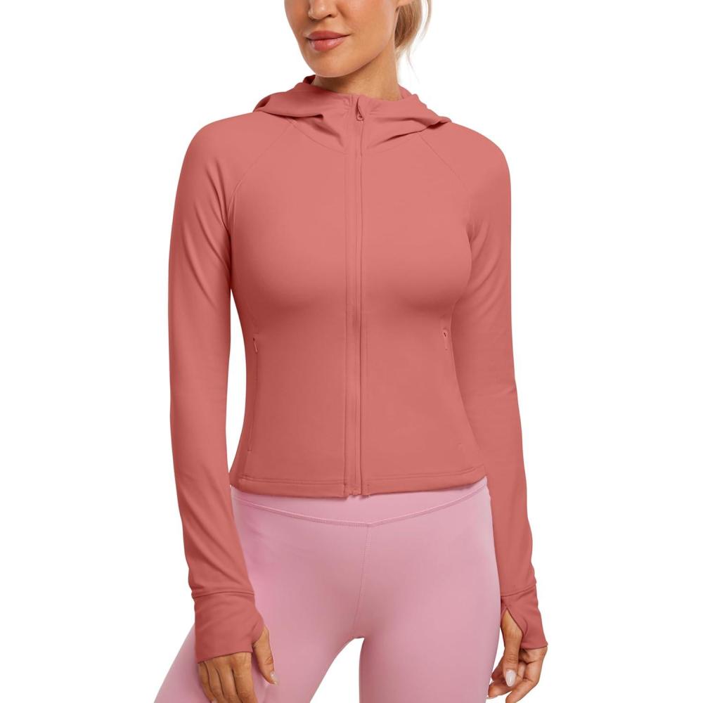 imageCRZ YOGA Womens Butterluxe Full Zip Workout Hoodie Jackets Slim Fit Hooded Athletic Yoga Lightweight Jacket with Thumb HolesBriar Rose