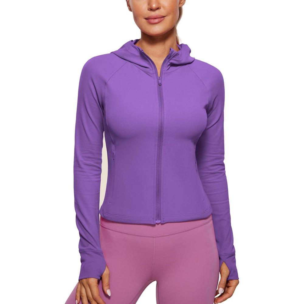 imageCRZ YOGA Womens Butterluxe Full Zip Workout Hoodie Jackets Slim Fit Hooded Athletic Yoga Lightweight Jacket with Thumb HolesRoyal Lilac