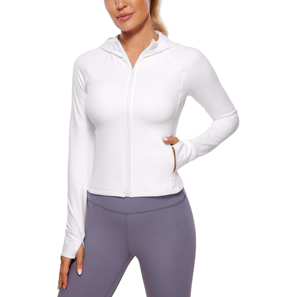 imageCRZ YOGA Womens Butterluxe Full Zip Workout Hoodie Jackets Slim Fit Hooded Athletic Yoga Lightweight Jacket with Thumb HolesWhite