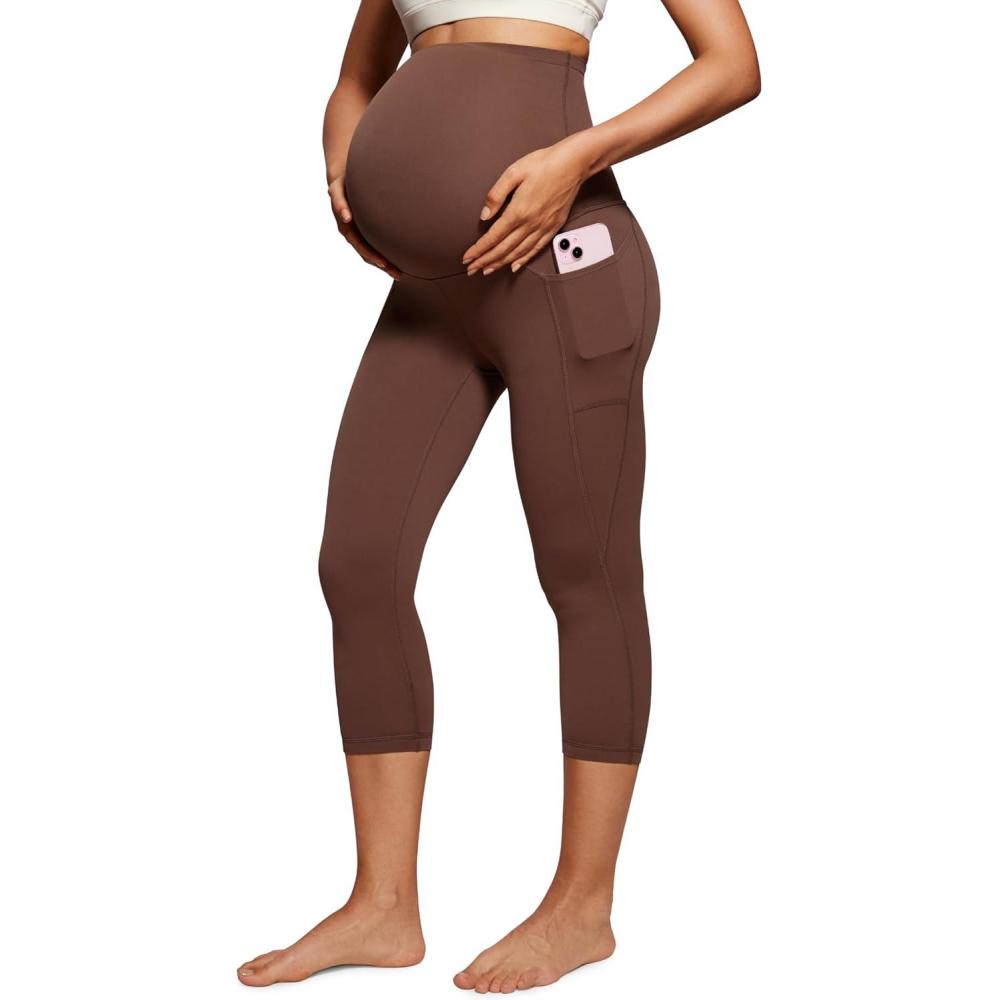 imageCRZ YOGA Womens Butterluxe Maternity Capris Leggings with Pockets 21quot Workout Active Yoga Soft Over The Belly Crop PantsCoffee Brown