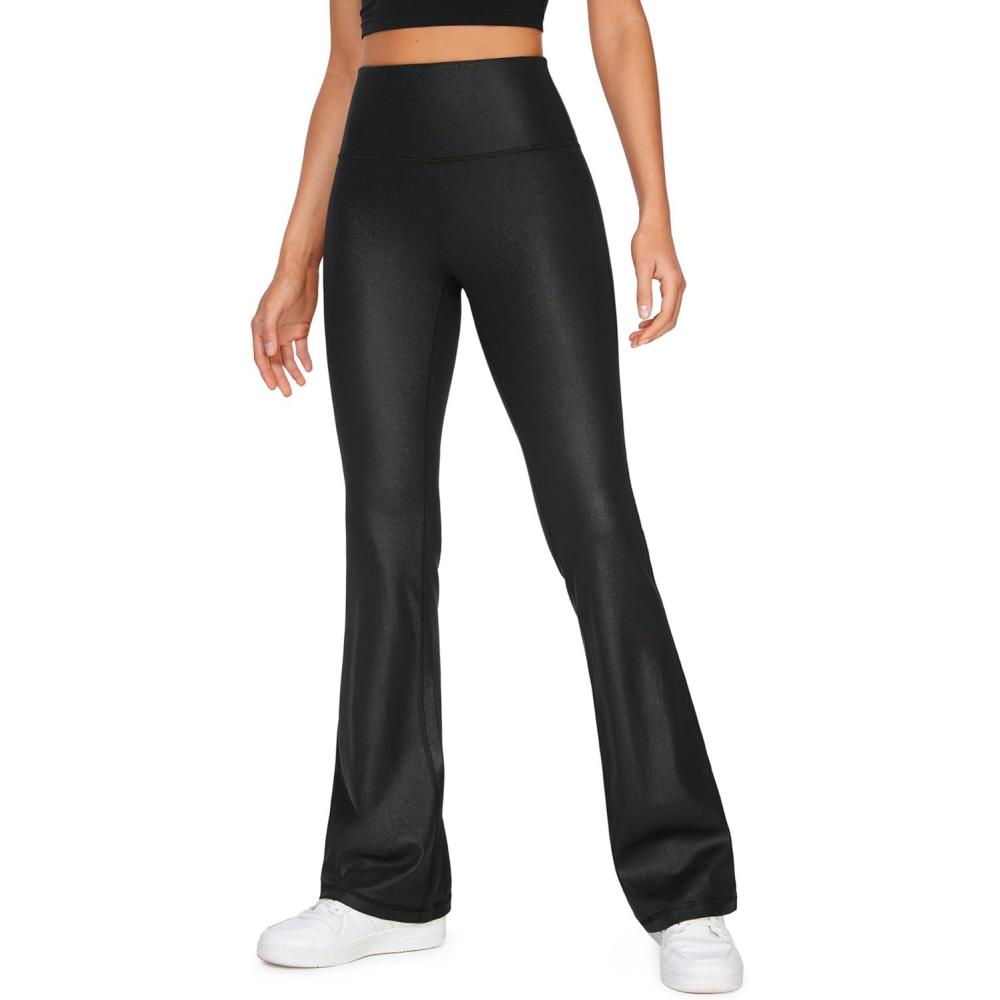 imageCRZ YOGA Womens Butterluxe Matte Faux Leather Flare Leggings 32 Inches High Waist Wide Leg Bootcut Yoga PantsFaux Leather Black