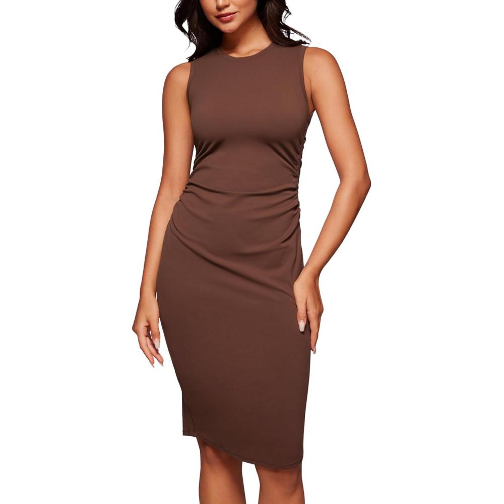 imageCRZ YOGA Womens Butterluxe Summer Sleeveless Midi Dresses Casual Work Cocktail Party Ruched Pencil BodyconCoffee Brown