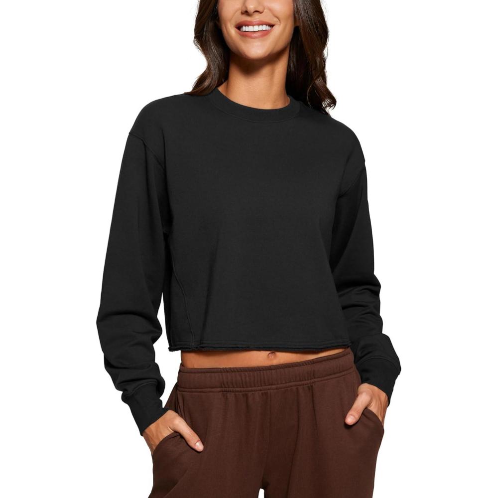 imageCRZ YOGA Womens Fleece Cropped Sweatshirts Crewneck Long Sleeve Double Raw Hem Workout Casual Pullover TopsBlack