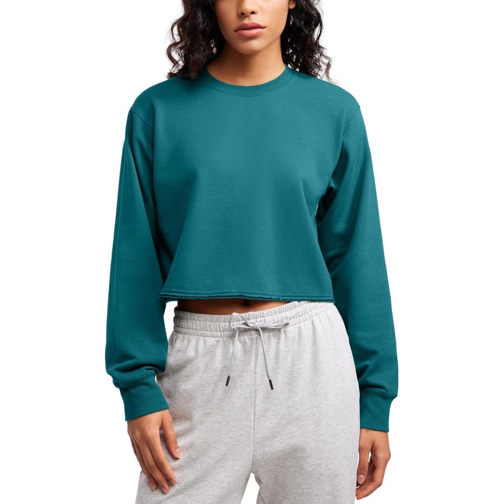 imageCRZ YOGA Womens Fleece Cropped Sweatshirts Crewneck Long Sleeve Double Raw Hem Workout Casual Pullover TopsGreen Jade